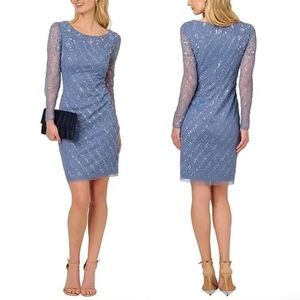 🆕️ Adrianna Papell Beaded Illusion Long Sleeve Cocktail Dress in French Blue